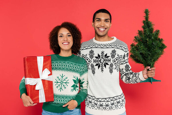 cheerful african american couple in warm sweaters holding gift box and small christmas tree isolated on red