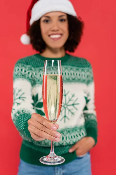 Selective Focus Champagne Glass Hand Blurred African American Woman Santa — Stock Photo, Image