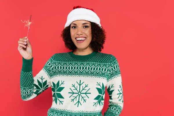 Excited African American Woman Santa Hat White Sweater Green Ornament — Stock Photo, Image