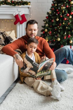 Baba ve oğul oturma odasında oturmuş Noel ağacının yanında dergi okuyorlar.
