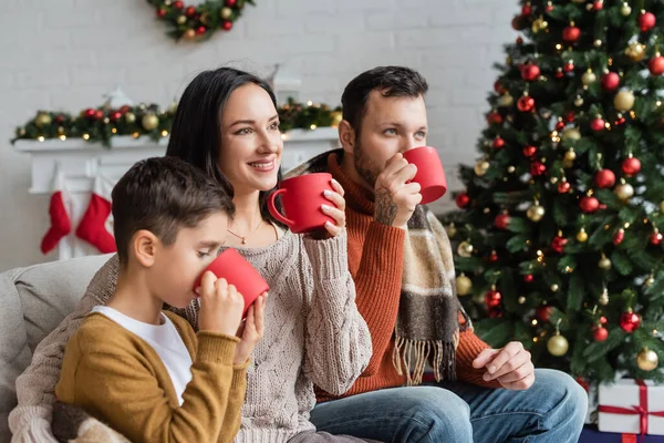 笑着与丈夫和儿子一起喝可可的女人 在装饰过的圣诞树旁 背景模糊 — 图库照片
