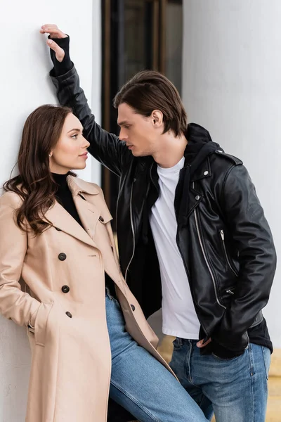 Stylish Man Black Jacket Flirting Pretty Woman Beige Trench Coat — Stock Photo, Image