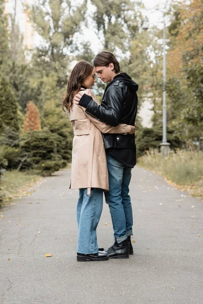 Full Length View Stylish Young Man Hugging Pretty Girlfriend Trench — Stock Photo, Image