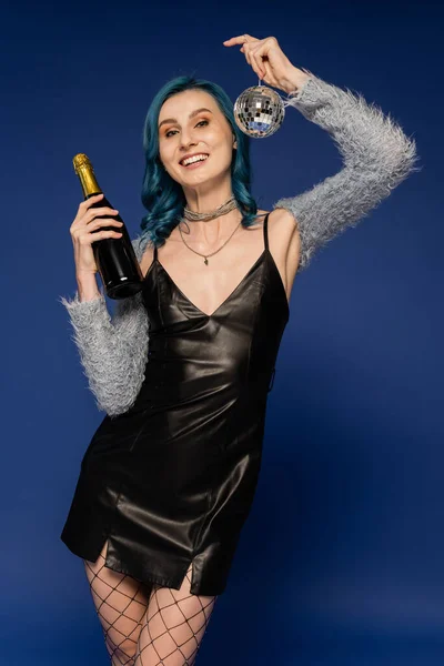 Happy Woman Black Leather Dress Holding Champagne Bottle Shiny Disco — Stock Photo, Image