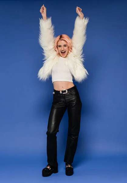 Full Length Excited Woman White Faux Fur Jacket Black Leather — Stock Photo, Image