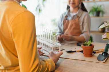 Bahçecilik aletlerinin yanında elinde bitkilerle test tüpleriyle gezen ve evinde bulanık bir arkadaşı olan bir çocuğun görüntüsü. 
