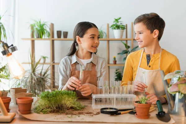 Smiling Girl Apron Looking Friend Glass Test Tubes Plants Home — Stock Photo, Image