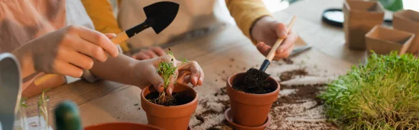 Cropped view of children with gardening shoves planting microgreen at home, banner