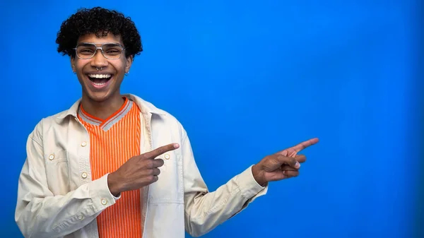 Happy African American Man Eyeglasses Pointing Fingers Isolated Blue — Stock Photo, Image
