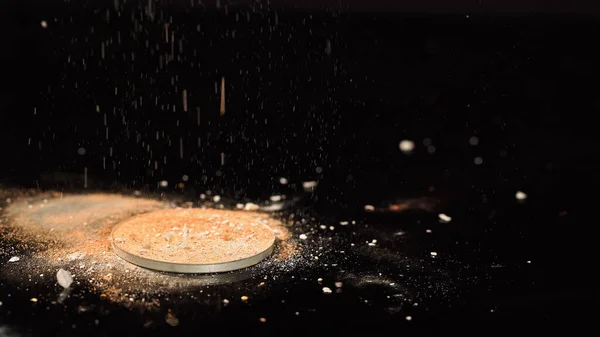 Close View Beige Face Powder Pouring Black Background — Stock Photo, Image