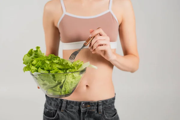 Cropped View Woman Sports Top Holding Fork Fresh Lettuce Isolated — Stock Photo, Image