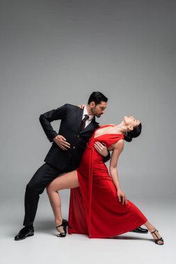 Gri arka planda tango yapan şık partnerlerin yan görünüşü
