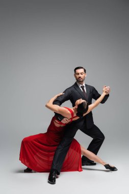 Dancer in suit performing tango with elegant partner on grey background clipart