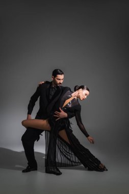 Elegant dancer hugging brunette partner in black dress on grey background with lighting  clipart