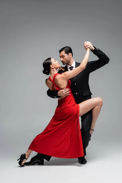 Volledige Lengte Van Elegante Paar Dansen Tango Grijze Achtergrond — Stockfoto