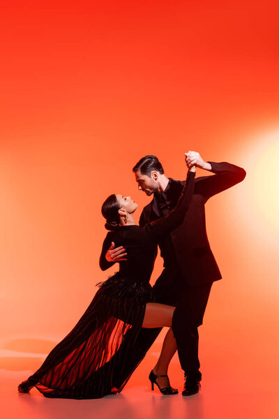 Side view of professional dancers performing tango on red background 