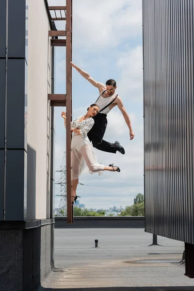 Professional dancers posing on ladder on rooftop of building at daytime