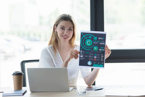 Sorridente donna d'affari che mostra carta vicino gadget e caffè per andare in ufficio — Foto stock