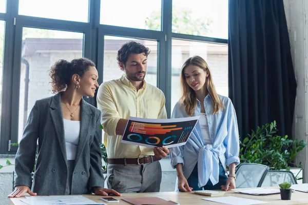 Empresario sosteniendo papel con cartas cerca de colegas multiétnicos y mesa de trabajo - foto de stock