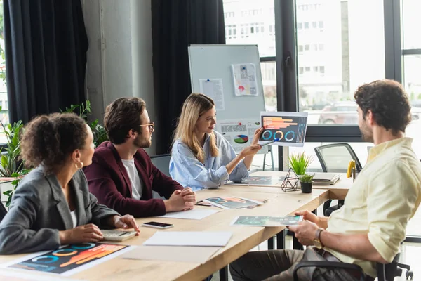 Jungunternehmerin zeigt während eines Treffens im Büro auf Schautafeln mit Dokumenten in der Nähe multiethnischer Kollegen — Stockfoto