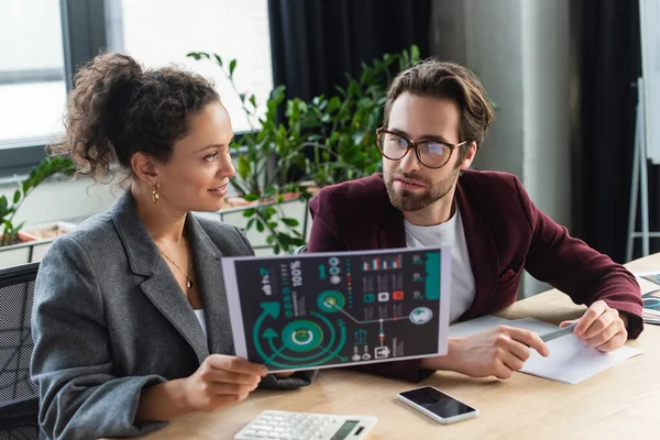 Smiling african american businesswoman holding blurred document near colleague and calculator in office — Stock Photo