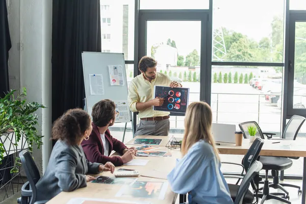 Geschäftsmann zeigt bei Treffen mit Amtskollegen auf Papier mit Diagrammen — Stockfoto