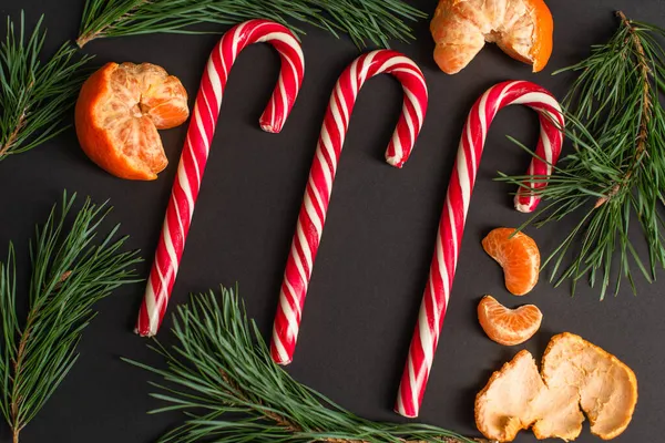 Top view of striped candy canes near peeled tangerines and fir branches on black — Stock Photo