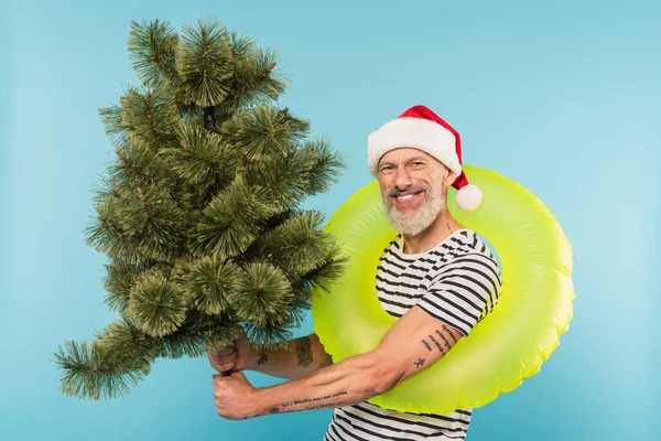 Happy middle aged man in santa hat and swim ring holding christmas tree isolated on blue — Stock Photo