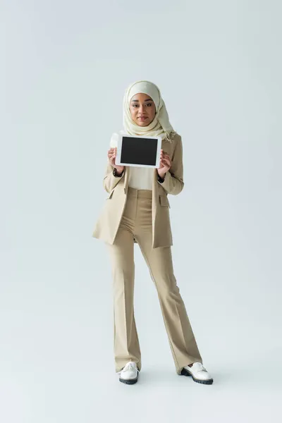 Повна довжина задоволеної мусульманської жінки в хіджабі і стильний костюм, що тримає цифровий планшет з порожнім екраном на сірому — стокове фото