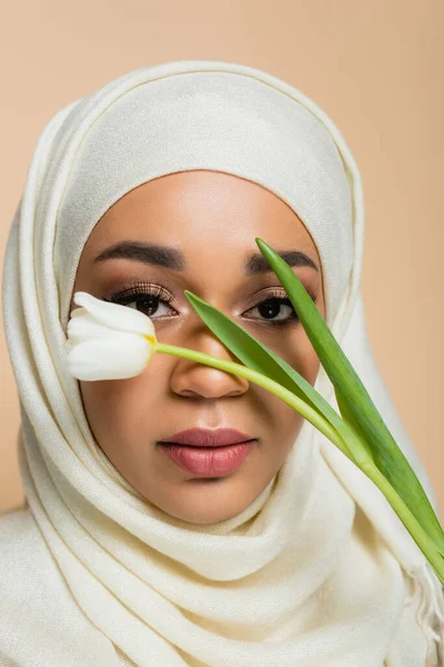 Портрет красивой мусульманки в хиджабе, смотрящей в камеру через тюльпан, изолированный на бежевом — стоковое фото