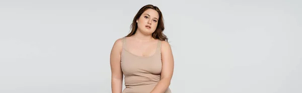Young body positive woman looking at camera isolated on grey, banner — Stock Photo