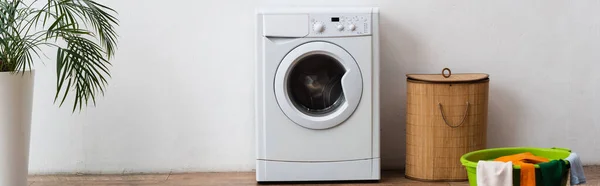 Máquina de lavar roupa, cesta de roupa e planta verde perto da parede branca, bandeira — Fotografia de Stock