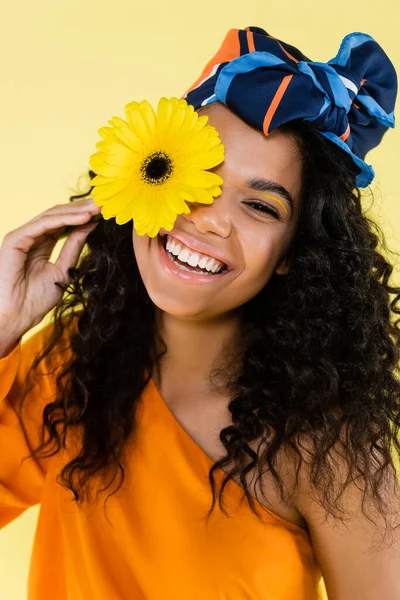 Mujer afro-americana feliz en pañuelo de cabeza sosteniendo flor aislada en amarillo - foto de stock