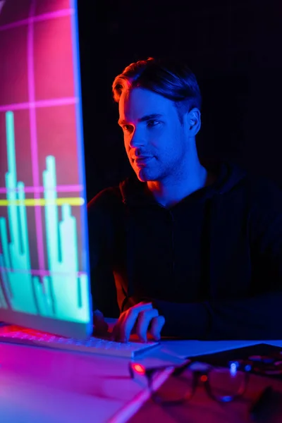 Programmierer mit Computer mit Reflexion der Diagramme auf Monitor isoliert auf schwarz — Stockfoto