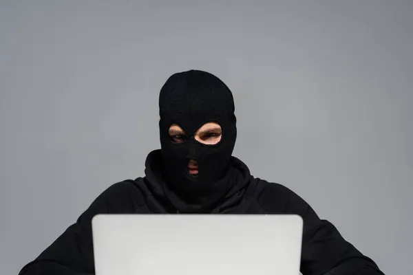 Хакер в балаклаве смотрит на ноутбук, изолированный на сером — стоковое фото