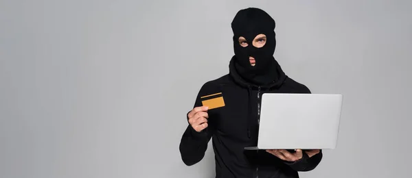 Хакер в балаклаве держит ноутбук и кредитную карту изолированы на серый, баннер — стоковое фото