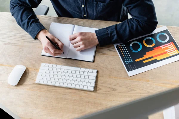 Vue du dessus de l'écriture de développeur sur le portable près du clavier de l'ordinateur et le document dans le bureau — Photo de stock