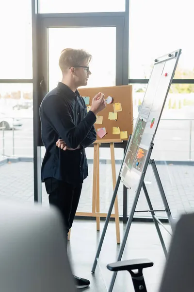 Side view of developer standing near charts on flip chart and board with sticky notes in office — Stock Photo