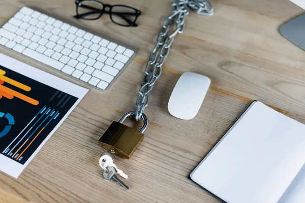 Padlock on chain near paper with graphs and keyboard in office — Stock Photo