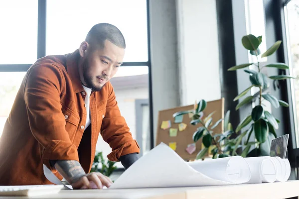 Bearded asian engineer looking at blueprint while working in architectural agency — Stock Photo