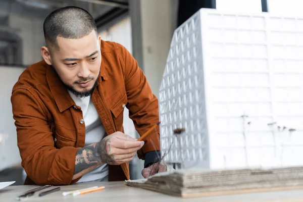 Tätowierter asiatischer Architekt zeigt im Büro mit Bleistift auf Hausmodell — Stockfoto