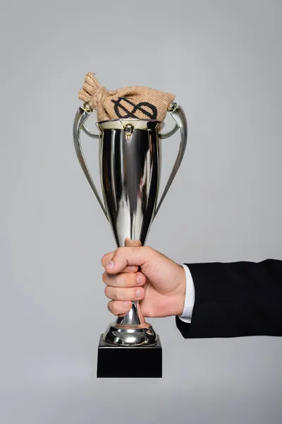 Cropped view of man holding trophy with money bag isolated on grey — Stock Photo