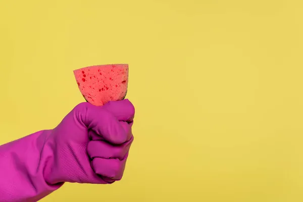 Visão parcial do homem em luva de borracha segurando esponja rosa isolada no amarelo — Fotografia de Stock