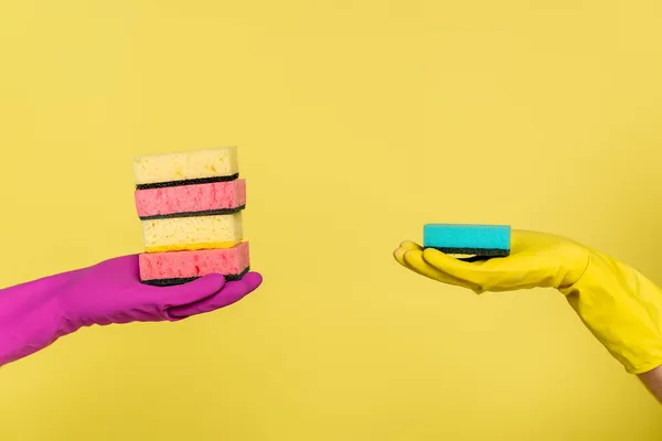 Vue partielle de la femme et de l'homme en gants de caoutchouc tenant des éponges isolées sur du jaune — Photo de stock