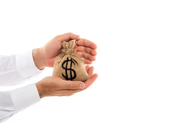 Cropped view of man holding money bag with dollar sign in hands isolated on white — Stock Photo