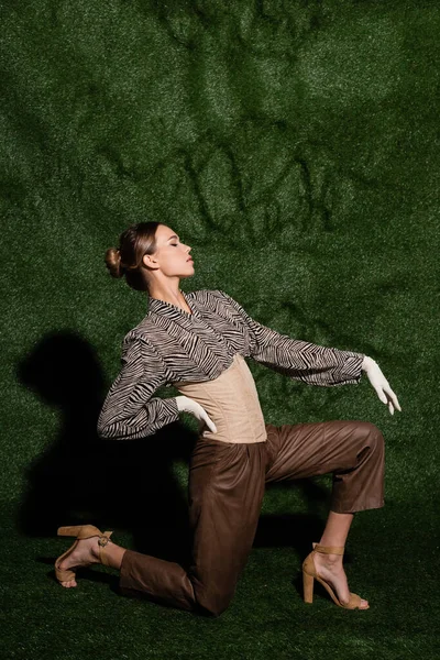Повна довжина стильної жінки в блузці з принтом зебри, корсетом і рукавичками, що позують біля трав'яного фону — стокове фото