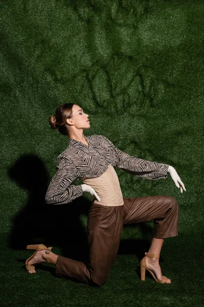 Longitud completa de la mujer con estilo en blusa con estampado de cebra, corsé y guantes posando cerca de fondo herboso - foto de stock