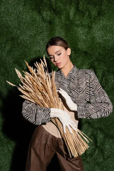 Mujer joven de moda en blusa con estampado de animales, corsé y guantes blancos sosteniendo espiguillas de trigo cerca de fondo herboso - foto de stock