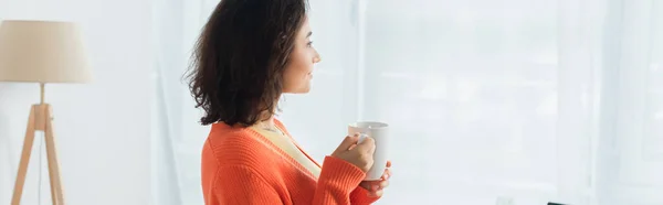 Vista lateral de la mujer joven complacida sosteniendo taza en casa, bandera - foto de stock