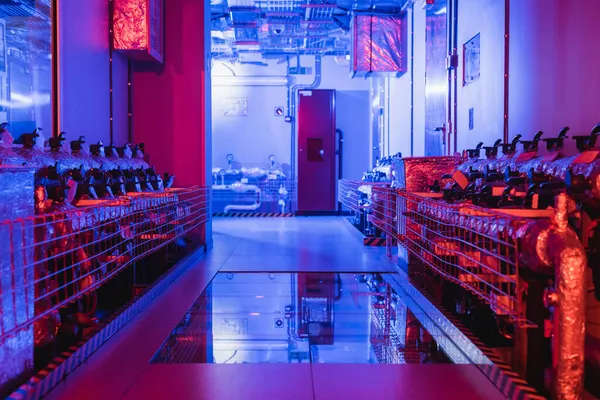 Technical equipment and cooling system of data center in room with neon light, cyber security concept — Stock Photo